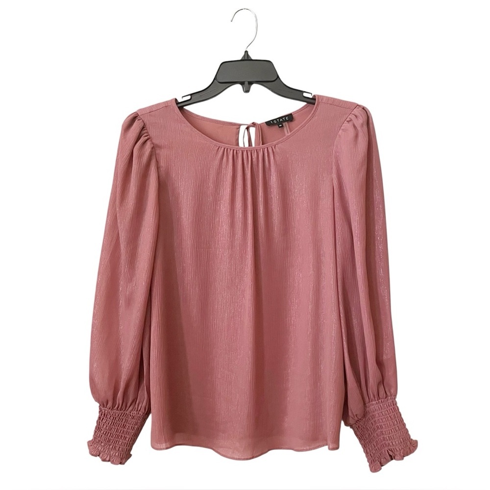 1.State Blouse Top Women's Size M Rose Smocked Detail Tie Back Shimmery Career